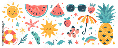 Summer vibe. Set of cute vector illustrations: logo, watermelon, resort, strawberry, swimsuit, sunglasses, sun, starfish, steering wheel, pineapple, rainbow, lounger, inflatable ring, umbrella