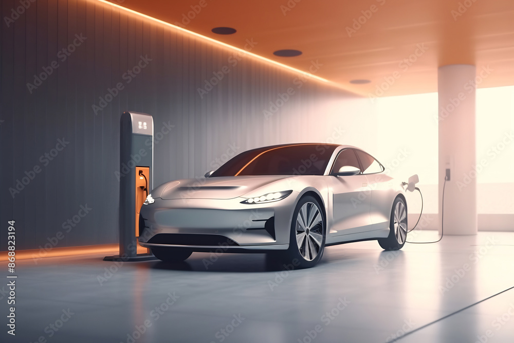 Fototapeta premium An electric vehicle or EV car at a charging station with the power cable supply plugged. Eco-friendly sustainable energy concept