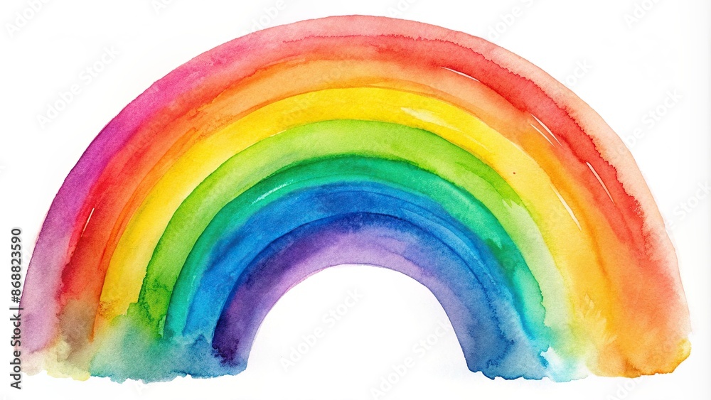 Obraz premium Whimsical watercolor rainbow element isolated on a clean white background, featuring soft brush strokes and vibrant colors, adds a touch of magic to designs.