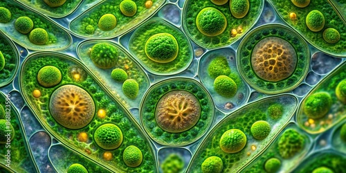 Vibrant green chloroplasts and nucleus surrounded by cellular membranes, visible within a plant cell under a microscope, showcasing intricate internal structures in high magnification. photo