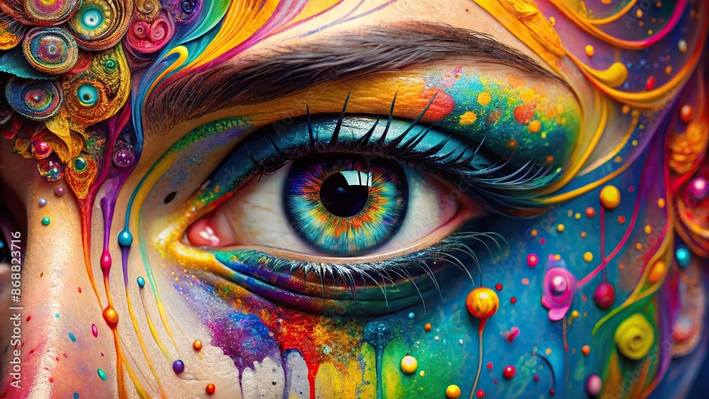 Vibrant circles and drips of paint swirl around a realistic, intricately detailed woman's eye, creating a mesmerizing, abstract, and artistic close-up composition. Vibrant circles and drips of paint swirl around a realistic, intricately detailed woman's eye, creating a mesmerizing, abstract, and artistic close-up composition.