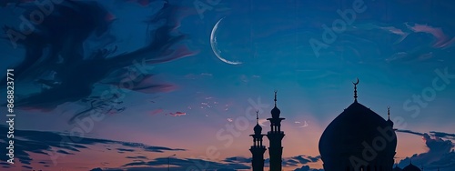 Crescent moon on dark blue dusk vertical over mosques dome well text present Religious of Islamic Ramadan Kareem, Eid al-Adha, new yearâ€™s Muharram, copy space - generative ai photo