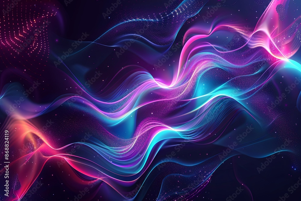 A digital artwork featuring vibrant pink and blue neon waves with a sparkly texture on a dark background. Generative AI