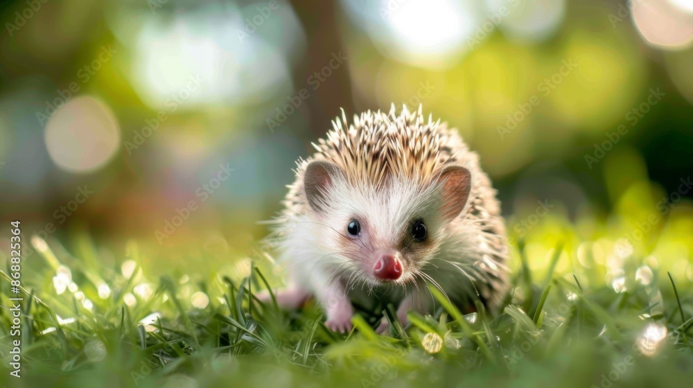 A cute hedgehog with spiky fur and small ears is standing on green grass under a bright light in a natural outdoor setting, exuding charm and tranquility. A cute hedgehog with spiky fur and small ears is standing on green grass under a bright light in a natural outdoor setting, exuding charm and tranquility.