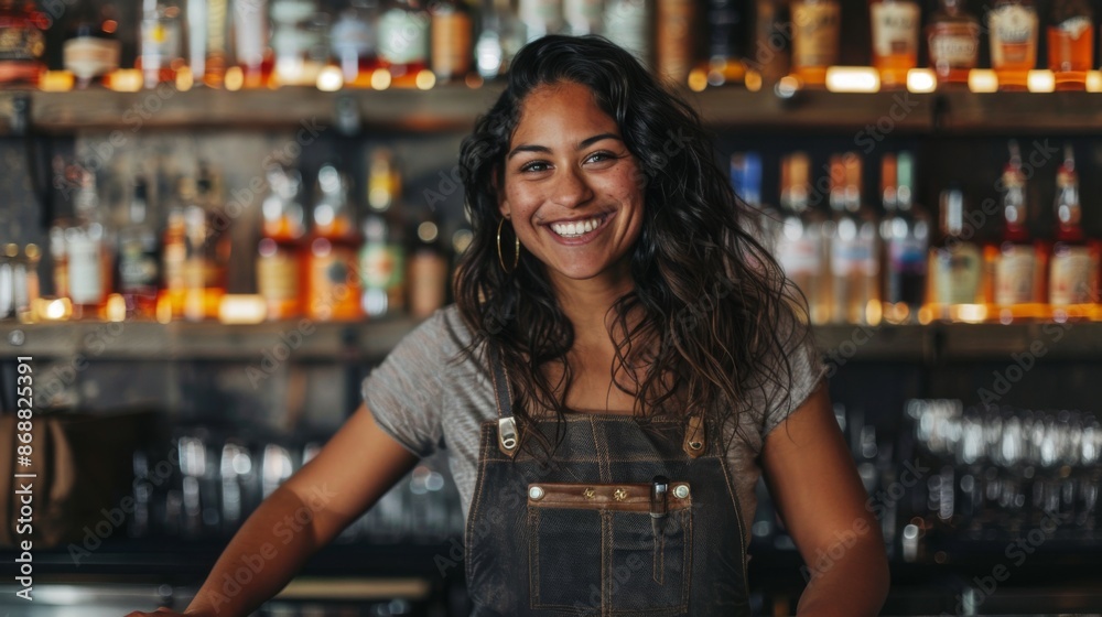 A smiling bartender stands behind the counter of a cozy, rustic bar, surrounded by bottles of various spirits, showcasing a warm and welcoming atmosphere. A smiling bartender stands behind the counter of a cozy, rustic bar, surrounded by bottles of various spirits, showcasing a warm and welcoming atmosphere.