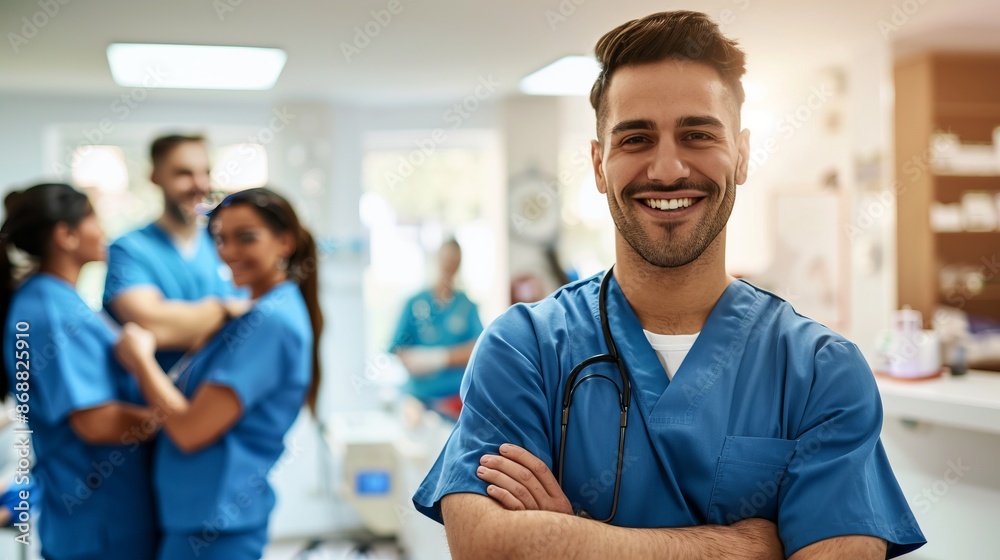 Smiling medical professional in blue scrubs stands confidently in hospital setting. Background shows colleagues chatting. Image captures teamwork, healthcare environment Smiling medical professional in blue scrubs stands confidently in hospital setting. Background shows colleagues chatting. Image captures teamwork, healthcare environment
