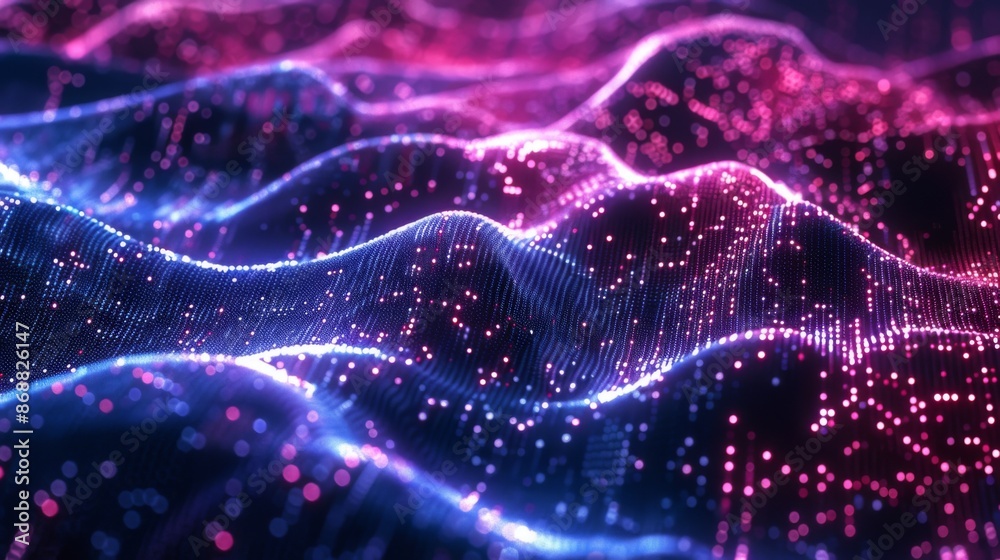 The image contains a vibrant and futuristic digital wave composed of numerous glowing dots and lines, illustrating the fusion of technology and abstract art hailing from its dynamic perspective. The image contains a vibrant and futuristic digital wave composed of numerous glowing dots and lines, illustrating the fusion of technology and abstract art hailing from its dynamic perspective.