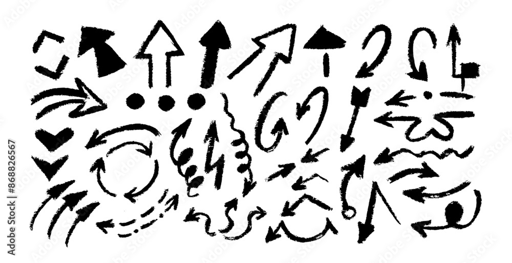 Hand drawn charcoal arrows set isolated on white background. Doodle vector ink illustration. Black arrows pointing in different directions. Grunge brush strokes. Hand drawn charcoal arrows set isolated on white background. Doodle vector ink illustration. Black arrows pointing in different directions. Grunge brush strokes.