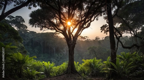 sun behind dark tree and sunset in tropical forest © KratokDesign