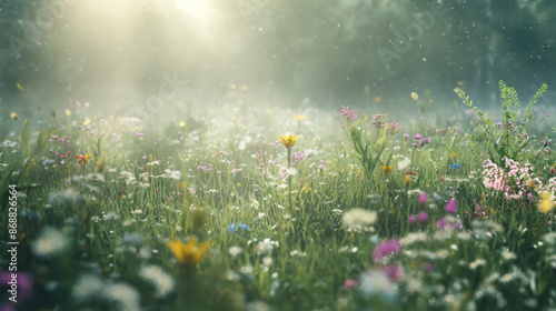 A vibrant field of wildflowers bathed in the warm glow of morning sunlight.  The mist creates a magical, ethereal atmosphere. © Quality Photos