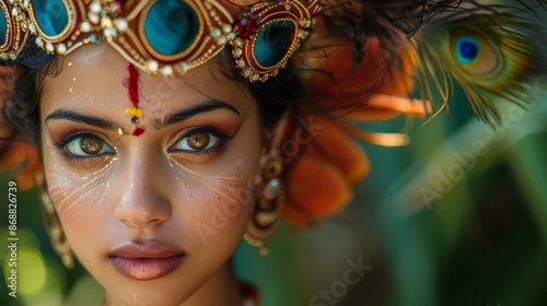 A striking image of a woman with captivating eyes, wearing elaborate headgear adorned with feathers and jewels, capturing a blend of cultural and artistic influences.