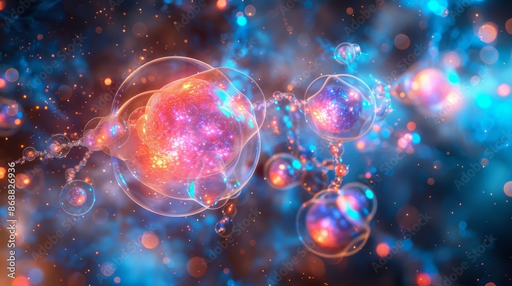 This image showcases a vibrant, abstract representation of atoms and molecules floating through a colorful nebula, emphasizing the beauty of microscopic worlds. This image showcases a vibrant, abstract representation of atoms and molecules floating through a colorful nebula, emphasizing the beauty of microscopic worlds.