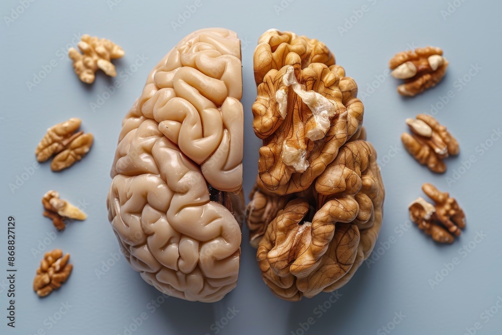 This image creatively compares a human brain model with walnut halves, highlighting the visual similarities between their structures in an artistic and thought-provoking way.