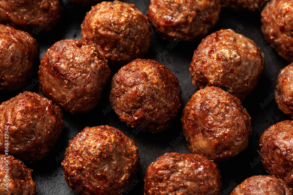 Beef meatballs in iron cast pan. Fast food, Take away food Beef meatballs in iron cast pan. Fast food, Take away food