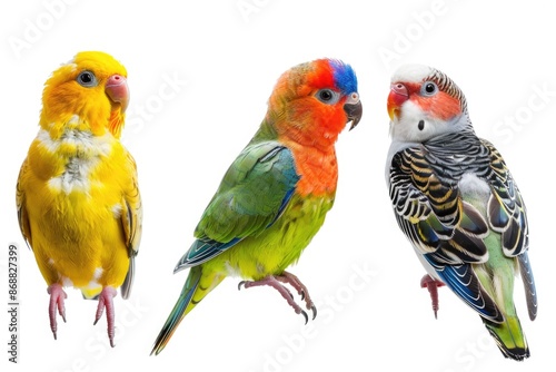 Three colorful birds sit side by side, showcasing their vibrant feathers and friendly demeanor