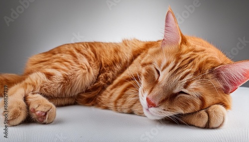 ginger cat sleeps lying on its side on an isolated white background © Raegan