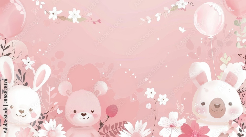 This image features a delightful pastel-colored scene with adorable animals such as bunnies and a bear, surrounded by flowers and balloons, creating a charming and whimsical setting. This image features a delightful pastel-colored scene with adorable animals such as bunnies and a bear, surrounded by flowers and balloons, creating a charming and whimsical setting.