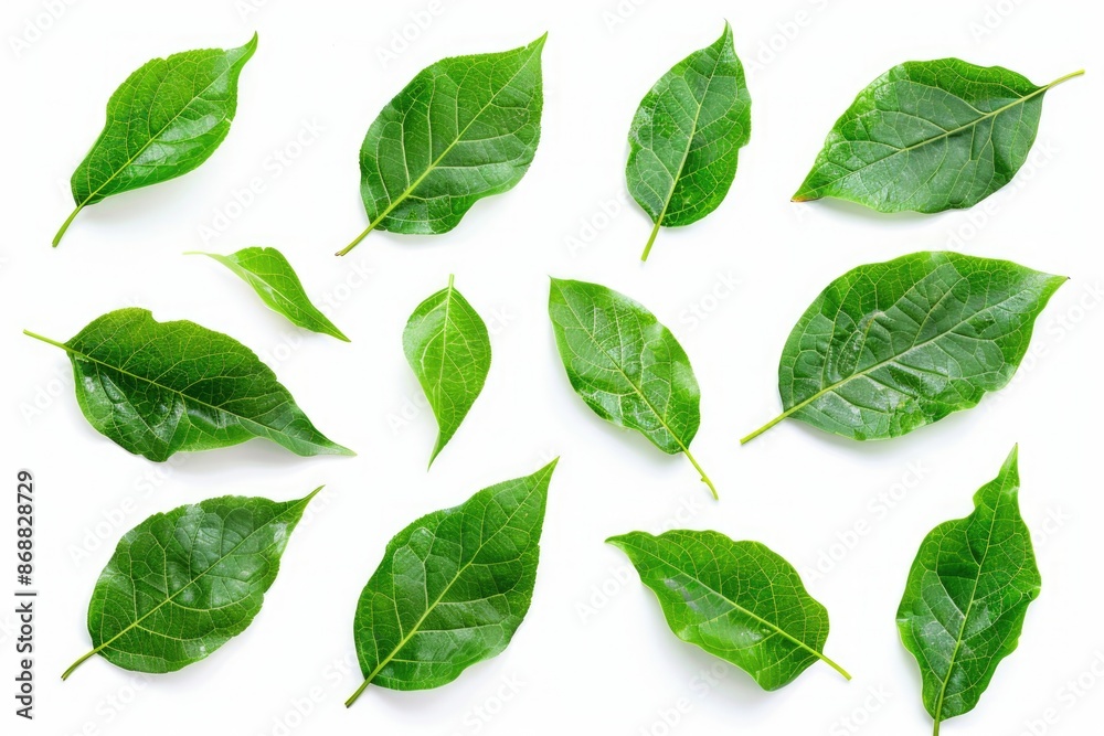 A collection of fresh green leaves arranged neatly on a white surface A collection of fresh green leaves arranged neatly on a white surface