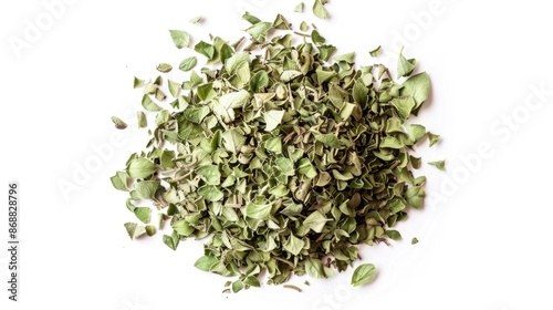 A pile of fresh green leaves on a clean white surface, ideal for decoration or design