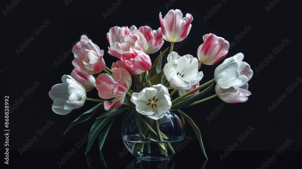 A bouquet of pink and white tulips arranged in a decorative vase A bouquet of pink and white tulips arranged in a decorative vase