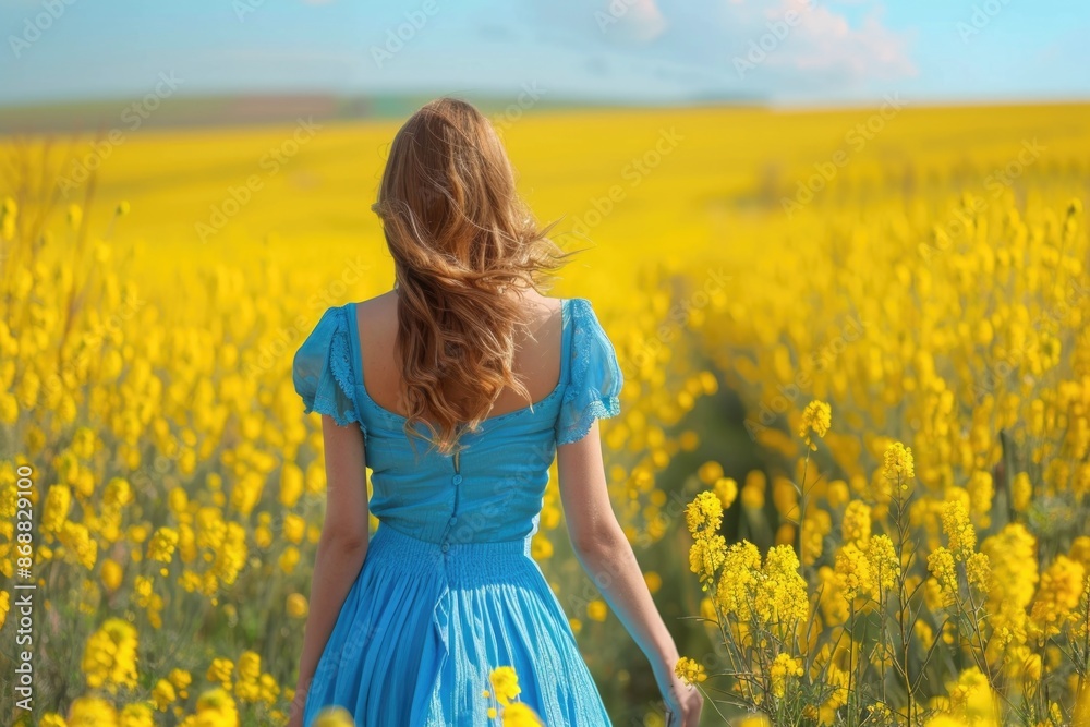 A woman stands amidst a vibrant field of yellow flowers A woman stands amidst a vibrant field of yellow flowers
