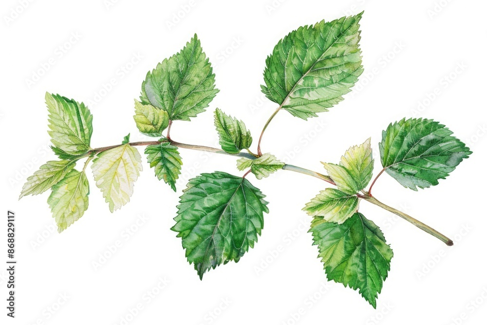 A watercolor illustration of a branch with lush green leaves, perfect for nature-inspired designs and projects A watercolor illustration of a branch with lush green leaves, perfect for nature-inspired designs and projects