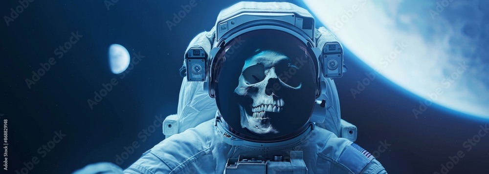 Human skeleton skull in spacesuit astronaut flying in space wallpaper background Human skeleton skull in spacesuit astronaut flying in space wallpaper background