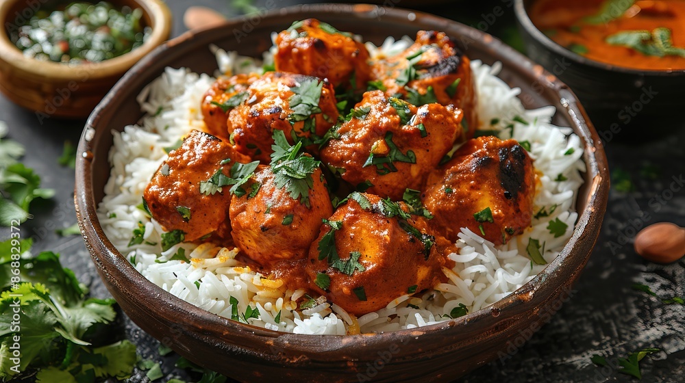 Traditional chicken tikka masala spicy curry with rice in a clay plate, top view, isolated on a transparent background for menu design. Traditional chicken tikka masala spicy curry with rice in a clay plate, top view, isolated on a transparent background for menu design.