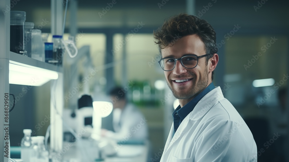 Fototapeta premium Smiling male scientist in laboratory with glasses.