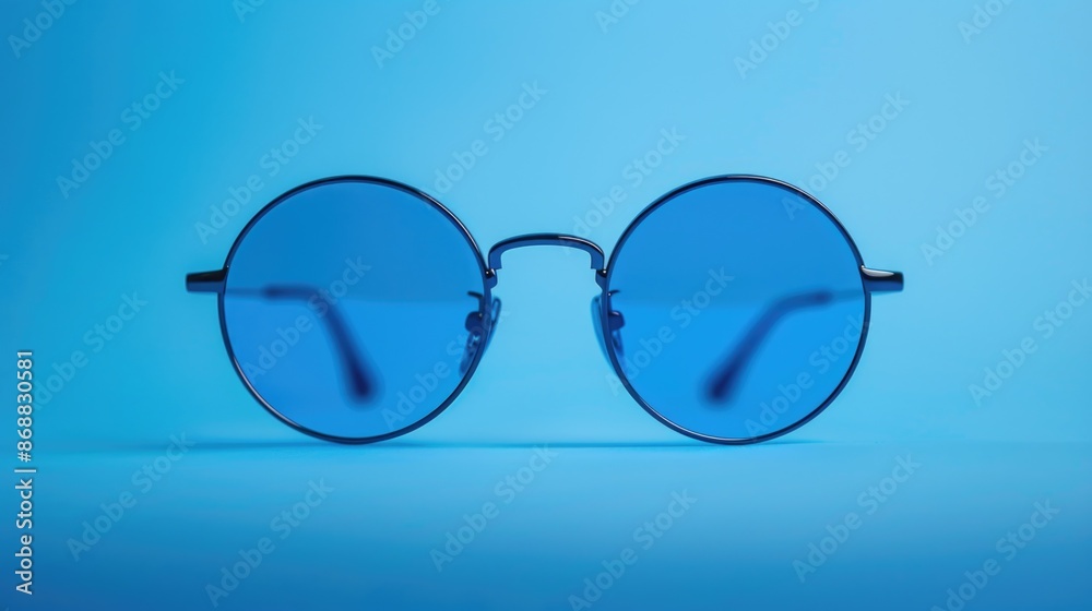 Fototapeta premium A pair of blue sunglasses placed on a blue background, ideal for use in fashion, lifestyle or product photography