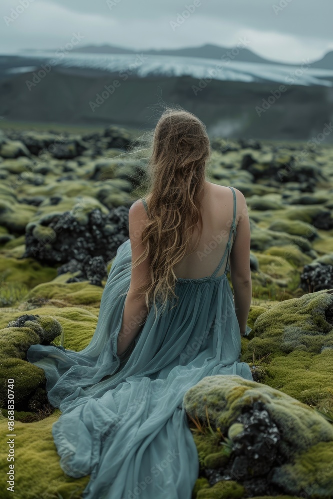 A woman sits on a moss-covered field wearing a blue dress A woman sits on a moss-covered field wearing a blue dress