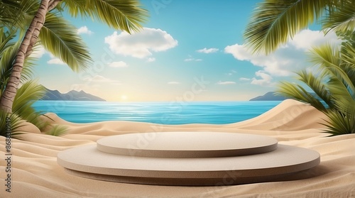 sand and tropical sea background with abstract stone podium © KratokDesign