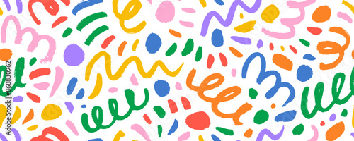 Fun crayon doodle lines and dots seamless pattern. Creative minimalist style background for children or trendy design with basic shapes. Colorful squiggles, swirls, scribbles, wavy lines and dashes.
