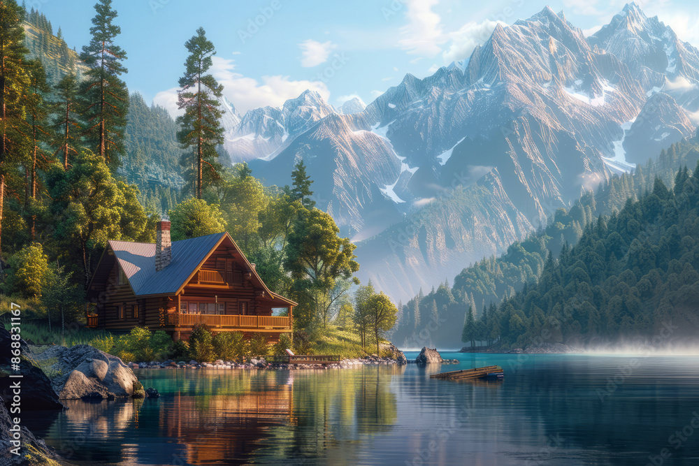 Fototapeta premium Wooden house on the lake surrounded by peaceful wildlife and mountains 