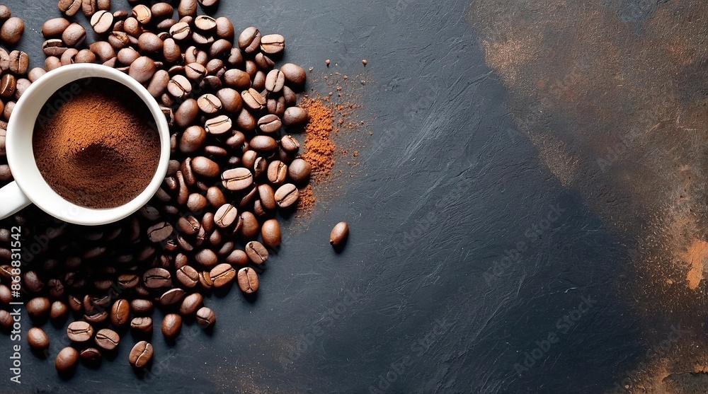A cup of coffee and coffee beans on the table, Copy space of your text. A cup of coffee and coffee beans on the table, Copy space of your text.