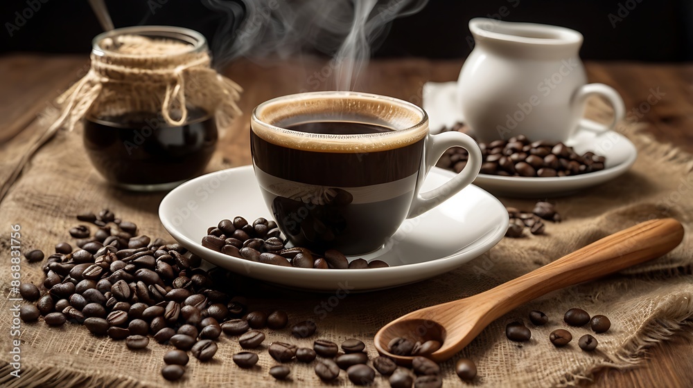 Two cups of coffee, one steaming, with coffee beans and burlap on a wooden table. Perfect for coffee shop promotions. Two cups of coffee, one steaming, with coffee beans and burlap on a wooden table. Perfect for coffee shop promotions.