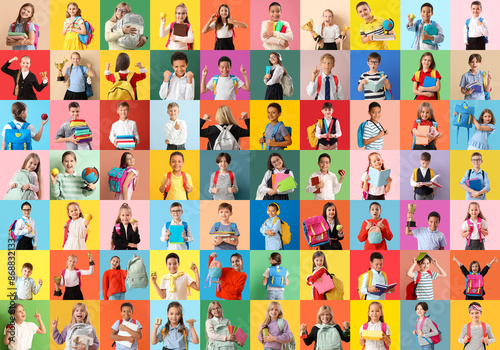 Collage of many schoolchildren on color background