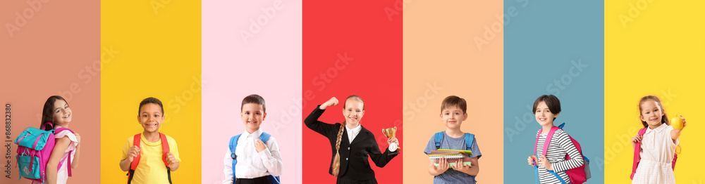 Set of many schoolchildren on color background Set of many schoolchildren on color background
