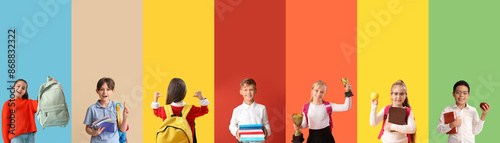 Set of many schoolchildren on color background