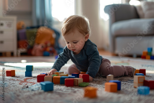 adorable little toddler playing with colorful wooden blocks on the floor in the room 