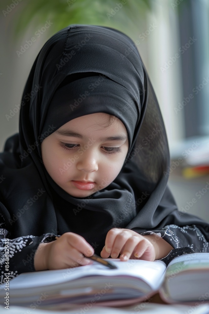Young girl reading a book while wearing a hijab, great for education or cultural diversity illustrations Young girl reading a book while wearing a hijab, great for education or cultural diversity illustrations