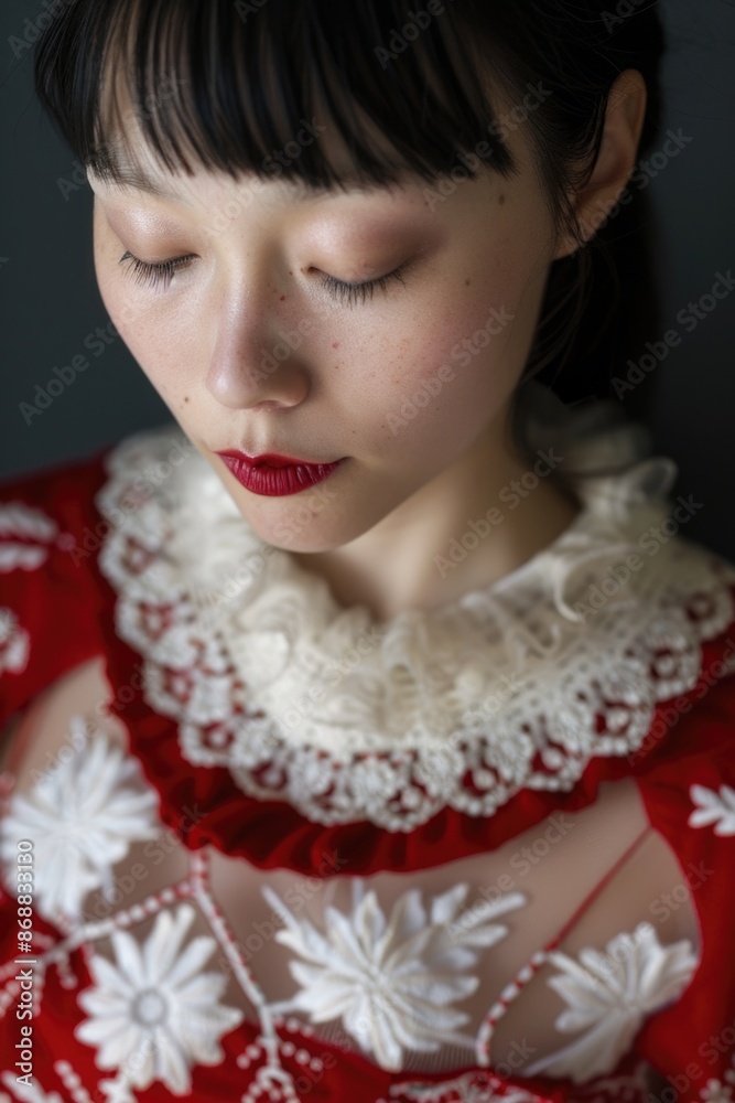 A woman wearing a bright red dress with a white collar, ideal for use as a model or fashion image