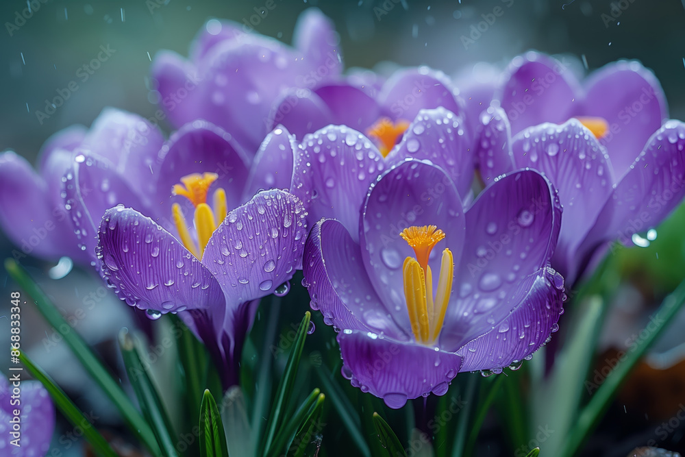 Spring flowers of blue crocuses in drops of water on the background of tracks of rain drops Spring flowers of blue crocuses in drops of water on the background of tracks of rain drops