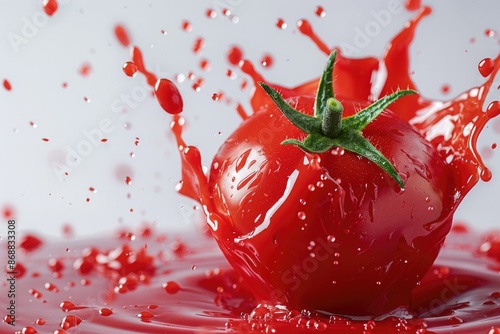 A juicy tomato splashes into a pool of vibrant red tomato sauce photo