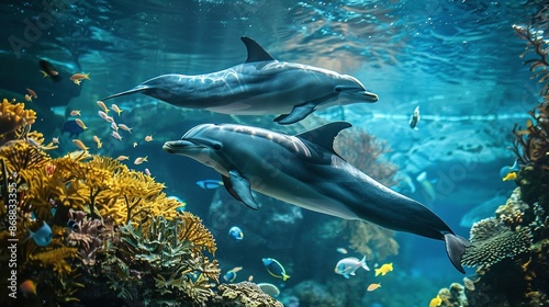 Dolphins Swimming in a Coral Reef: Fish and Sea Plants in the Background Underwater