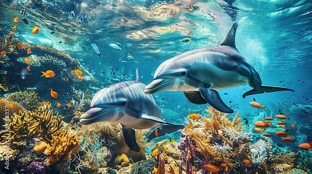 Obraz premium Two Dolphins Gliding Through Coral Reef with Fish and Sea Plants: An Underwater Perspective