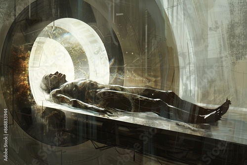 A solitary figure lies in a cryogenic chamber, illuminated by a bright light from an opening above. Generative AI