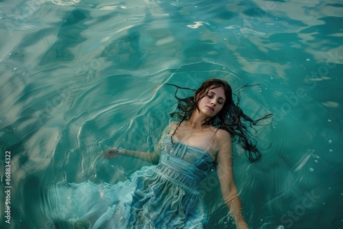 A woman in a blue dress is floating on the surface of calm water, with her head above water and her arms relaxed © Fotograf