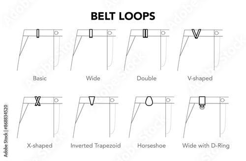 Set of Pants Belt Loops details - Basic, Wide, Double, V X shaped styles technical fashion illustration. Flat apparel template front view. Women, men unisex CAD mockup isolated on white background