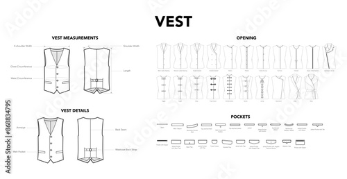 Set of Vest Details diagram with names, Pockets, opening styles technical fashion illustration. Flat apparel template front, back view. Women, men unisex CAD mockup isolated on white background